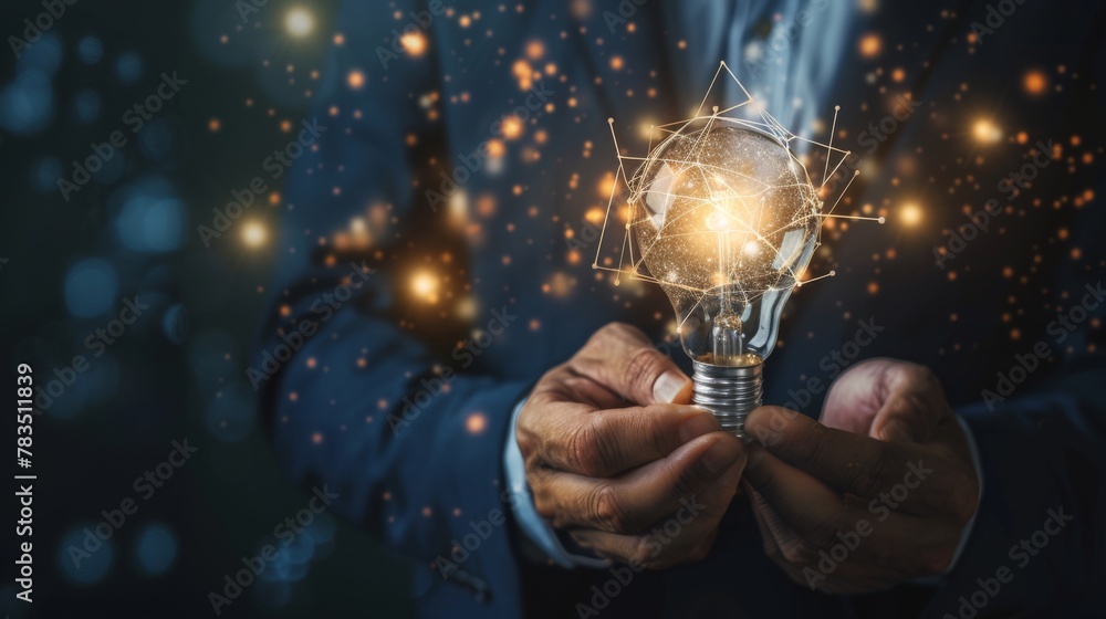 Poster businessman holding light blub with virtual global internet connection. global internet connection a