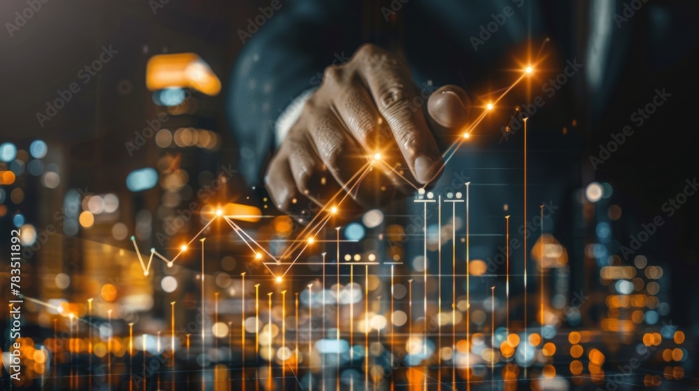 Poster businessman touch growth graph and progress of business and analyzing financial and investment data 
