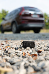 Lost car keys on the ground, Car keys dropped on the floor or fall lying on the street home front. Walking Away From Lost Car Key, can not transport, express, rush time, wast time, emergency.