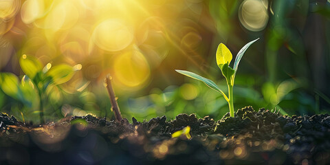 Obraz premium new sprout grows on the soil background in the morning sunlight, generative AI