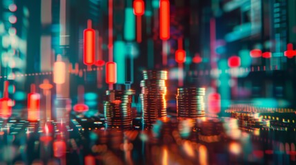 Creative image of growing coin stacks and candlestick forex chart on blurry background. Trade, money and financial growth concept. Double exposure - obrazy, fototapety, plakaty