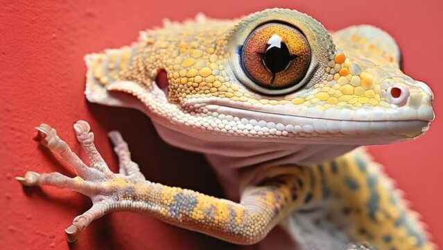 A close-up photo of a gecko clinging to a smooth vertical wall,
