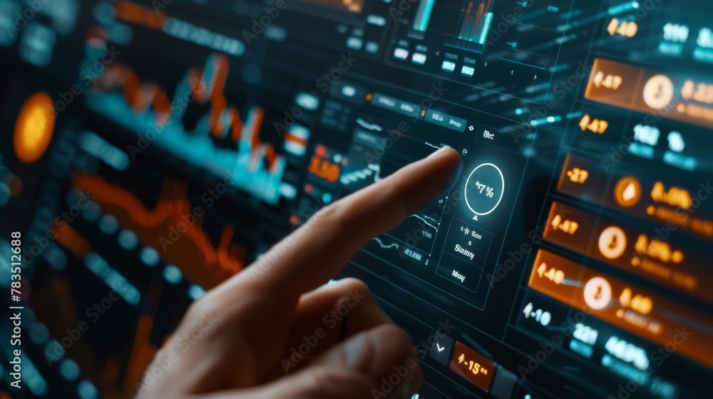 Poster crypto trader investor broker holding finger on buy or sell button executing financial stock trade m