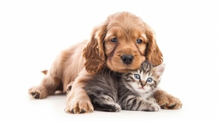 Curious English cocker spaniel puppy dog hugs kitten. Pets look away and up together on empty space. isolated on white background. - obrazy, fototapety, plakaty