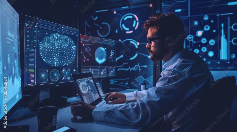 Aufkleber Data science and big data technology. Scientist computing, analysing and visualizing complex data set on computer. Data mining, artificial intelligence, machine learning, business analytics.