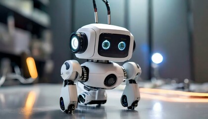 Fototapeta premium digital modern Mini robot against a minimalist backdrop, emphasizing its compact size and advanced features. Background
