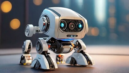 digital modern Mini robot against a minimalist backdrop, emphasizing its compact size and advanced features. Background