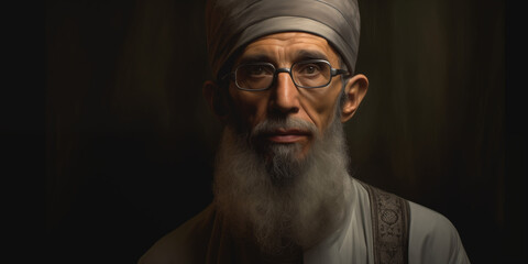 Portrait of Elderly Muslim Imam in front of black background  - obrazy, fototapety, plakaty