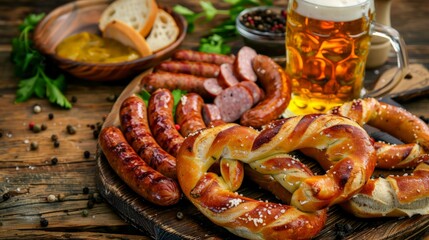 Bavarian sausages with pretzels, sweet mustard and beer mug on rustic wooden table. Oktoberfest menu