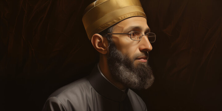 Portrait of Elderly Muslim Imam in front of black background 