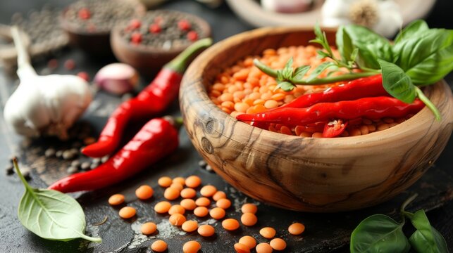 Different colorful lentils in a wooden bowl, soya beans, red chilli peppers with leaves and garlic