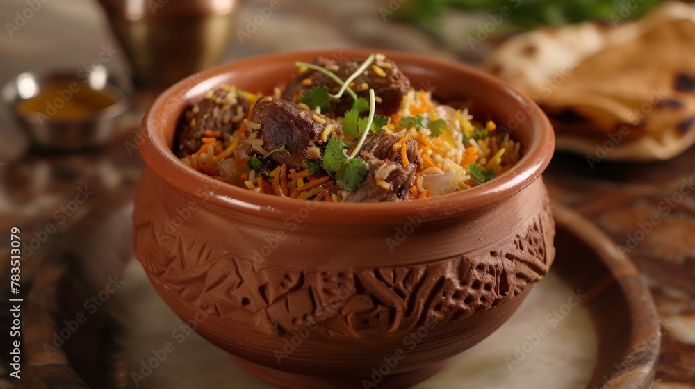 Wall mural Dum Handi Mutton Biryani or gosht pilaf is prepared in an earthen or clay pot called Haandi or 1 kilo size. Popular Indian non vegetarian food