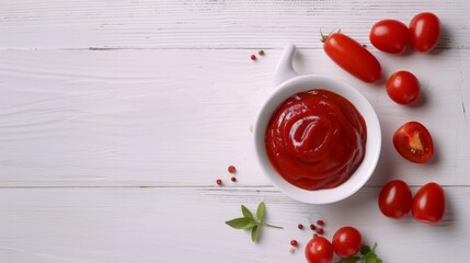 bowl of ketchup or tomato sauce on white wooden table