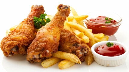 Breaded crispy chicken legs with french fries and ketchup, isolated on white background. - obrazy, fototapety, plakaty