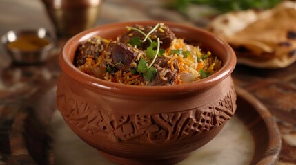 Dum Handi Mutton Biryani or gosht pilaf is prepared in an earthen or clay pot called Haandi or 1 kilo size. Popular Indian non vegetarian food - obrazy, fototapety, plakaty