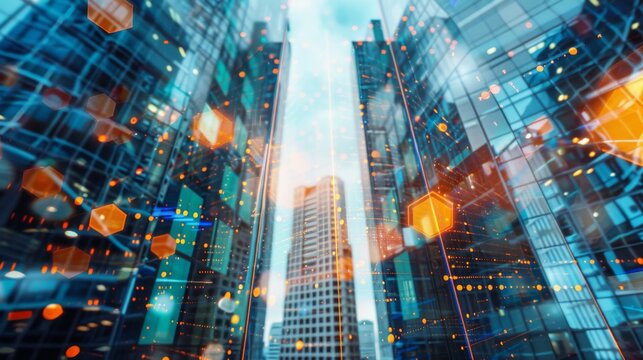 Double exposure of virtual creative financial diagram on contemporary business center exterior background, banking and accounting concept