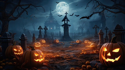 Halloween background. Pumpkins, skulls, bats and scary elements. The concept of Halloween, witchcraft and magic. - obrazy, fototapety, plakaty