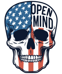 A skull and the typography words open mind vector illustration apparel t-shirt design. well-organized design shape and smoothly vectorized.