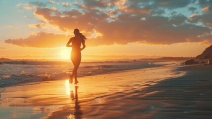 Fit and active jogger running by the ocean and beach shore with sunset sky background and copy space. Beautiful view of a sporty female athlete exercising or doing endurance workout outdoors