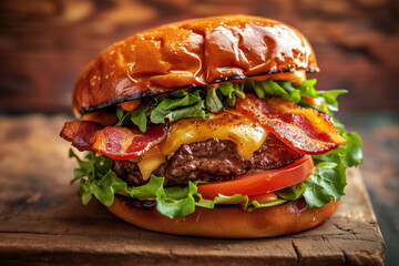 Juicy Burger Delight: American-Style with Gooey Cheddar Cheese - obrazy, fototapety, plakaty