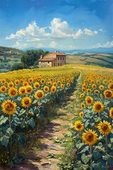 Traditional landscape painting of a sunflower field in full bloom leading to a secluded farmhouse
