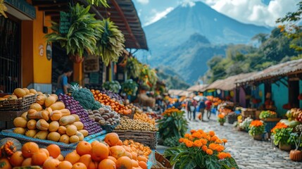A close-up of a colorful market scene, with vendors selling fresh produce and handmade crafts...