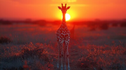 A close-up of a graceful giraffe against the backdrop of an African sunset, its elegant silhouette a symbol of the continent's natural beauty. - obrazy, fototapety, plakaty