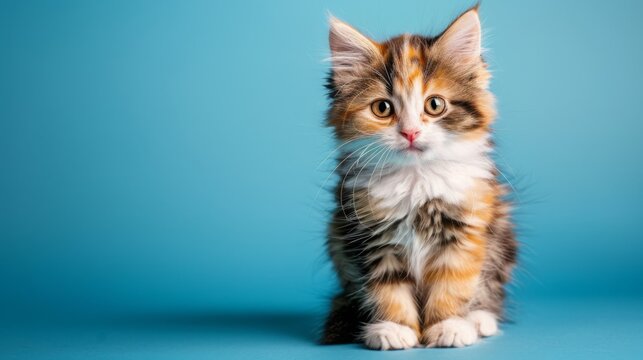 Fluffy kitty looking at camera on blue background, front view. Cute young long hair calico or torbie cat sitting in front of colored background with copy space. 10 month old female kitten. Isolated.