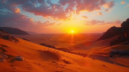 A picturesque sunset over the vast expanse of the Sahara Desert, painting the sky in hues of orange and pink.