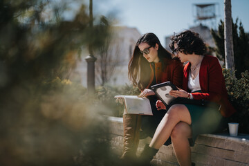 Professional businesswomen in discussion with digital tablet and notebook in a sunny outdoor...