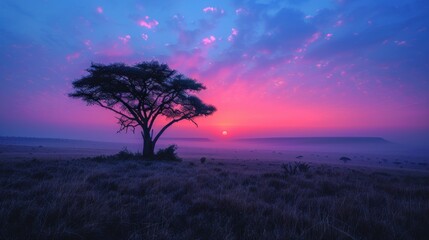A serene landscape of the Serengeti at dawn, where the soft hues of the sky blend seamlessly with the vast plains below. - obrazy, fototapety, plakaty