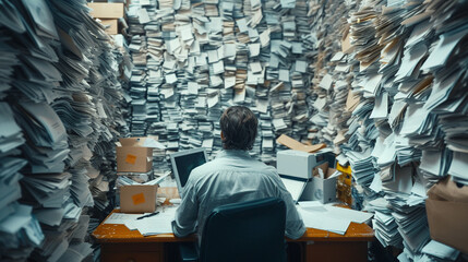 Man facing a daunting pile of paperwork in office.