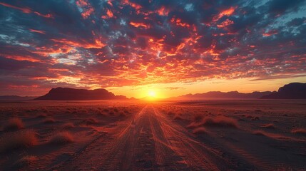 A picturesque sunset over the vast expanse of the Sahara Desert, painting the sky in hues of orange...