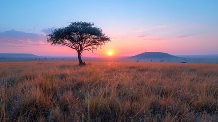A serene landscape of the Serengeti at dawn, where the soft hues of the sky blend seamlessly with the vast plains below. - obrazy, fototapety, plakaty