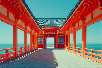 Red torii gates japanese style overlooking a serene sea.