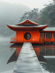 Japanese pavilion style with walkway by a misty lake with pine tree.