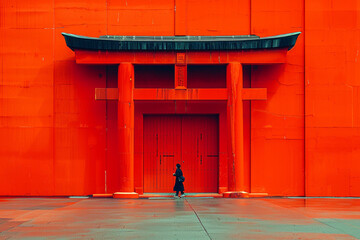 Person before a large red japanese temple gate.