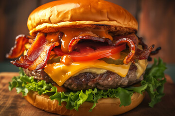 Juicy Burger Delight: American-Style with Gooey Cheddar Cheese