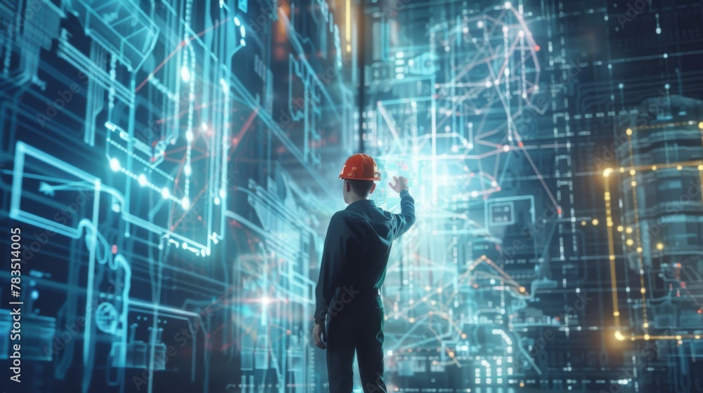 Poster future building construction and inventive engineering project concept with hud hologram graphic des
