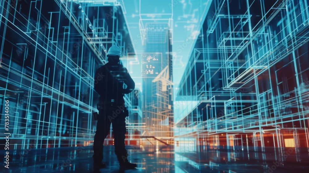 Poster future building construction and inventive engineering project concept with hud hologram graphic des