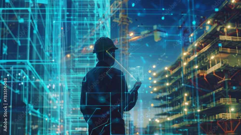 Poster future building construction and inventive engineering project concept with hud hologram graphic des