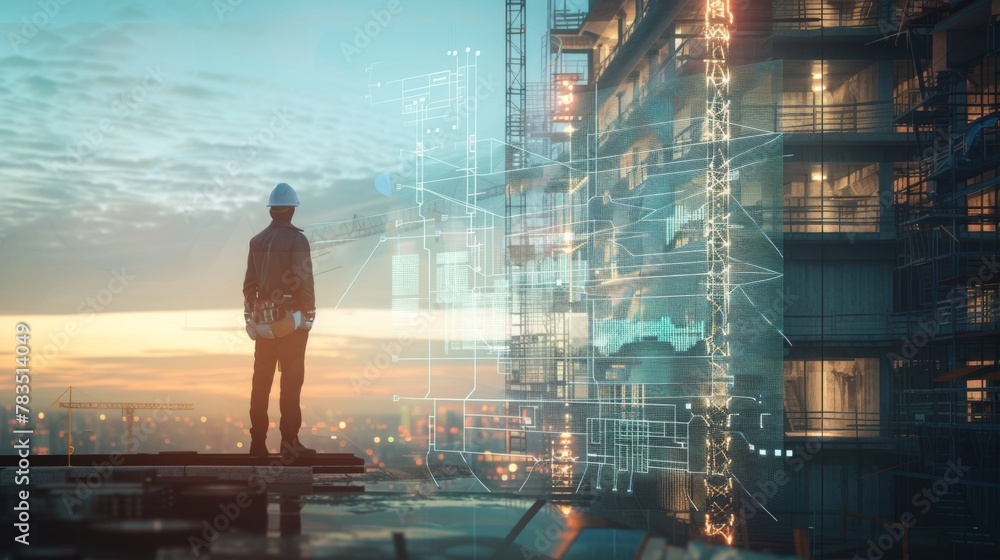 Poster future building construction and inventive engineering project concept with hud hologram graphic des