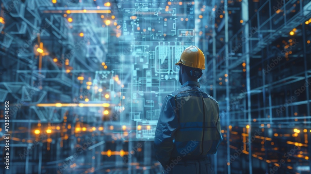 Poster future building construction and inventive engineering project concept with hud hologram graphic des