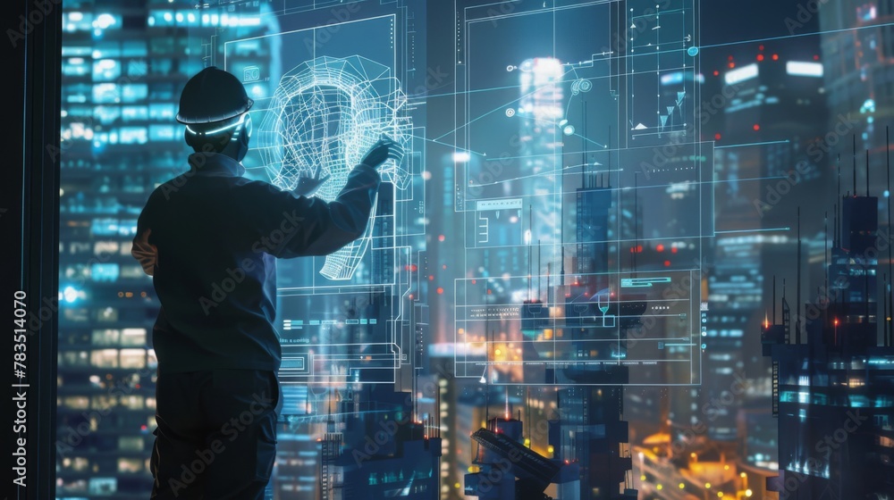 Poster Future building construction and inventive engineering project concept with HUD hologram graphic design. Building engineer, architect people or construction worker works with modern civil technology.