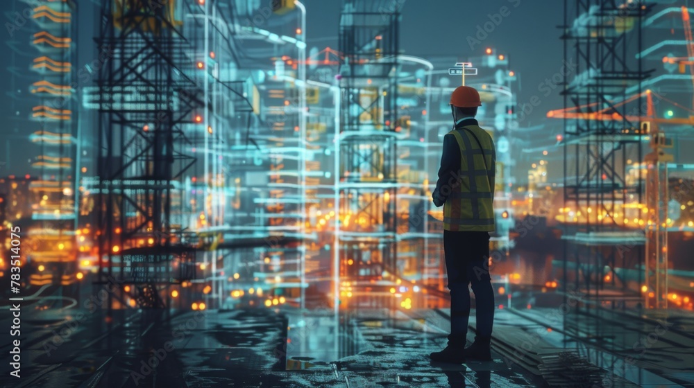 Poster Future building construction and inventive engineering project concept with HUD hologram graphic design. Building engineer, architect people or construction worker works with modern civil technology.