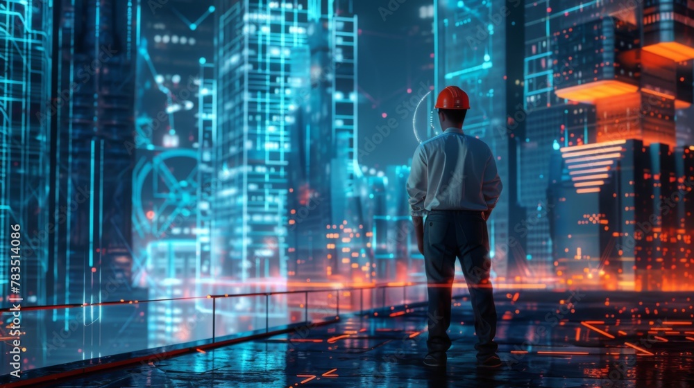 Poster Future building construction and inventive engineering project concept with HUD hologram graphic design. Building engineer, architect people or construction worker works with modern civil technology.
