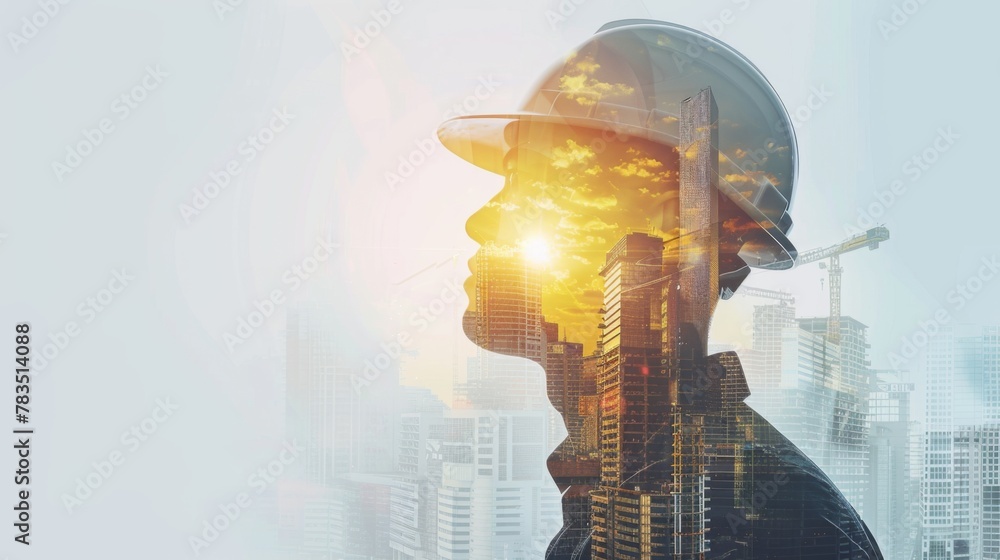 Poster future building construction engineering project concept with double exposure graphic design. buildi
