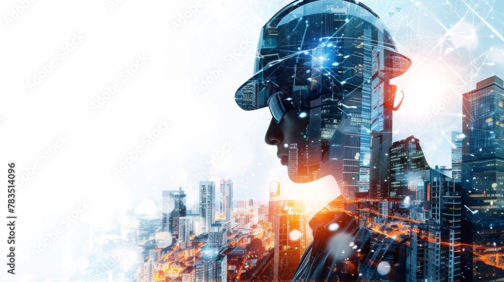 Poster future building construction engineering project concept with double exposure graphic design. buildi