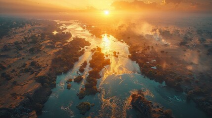 A stunning aerial view of Victoria Falls, where the mighty waters cascade down into the depths below, creating a breathtaking spectacle. - obrazy, fototapety, plakaty
