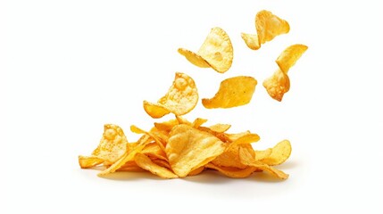 Naklejka premium Flying crunchy potato chips over small pile isolated on white background.